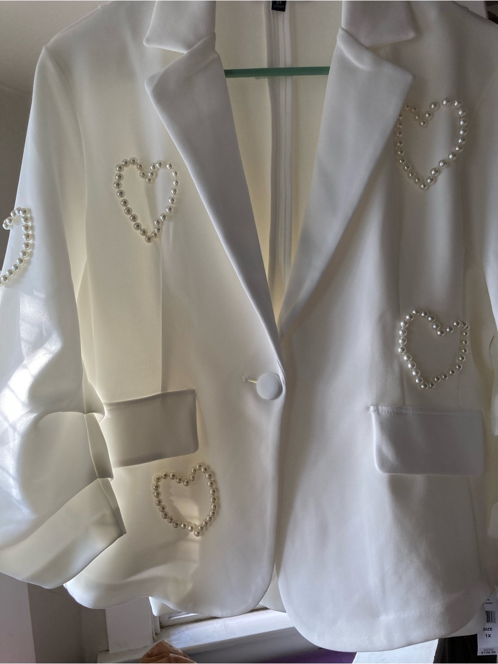 Glamour White Pearl Heart Blazer - Women's Tailored Jacket